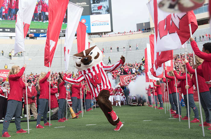 Nov 3, 2018; Madison, WI, USA; Wisconsin Badgers mascot Bucky Badger runs onto the field prior to the game against the Rutgers Scarlet Knights at Camp Randall Stadium. Mandatory Credit: Jeff Hanisch-USA TODAY Sports